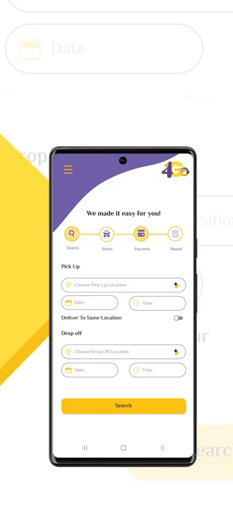4GO booking search: pick-up and drop-off location and time.
