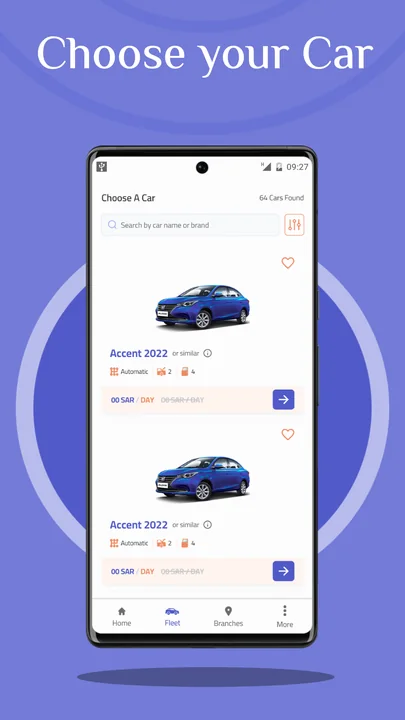ABUDIYAB car selection, showing model, year and daily rate.