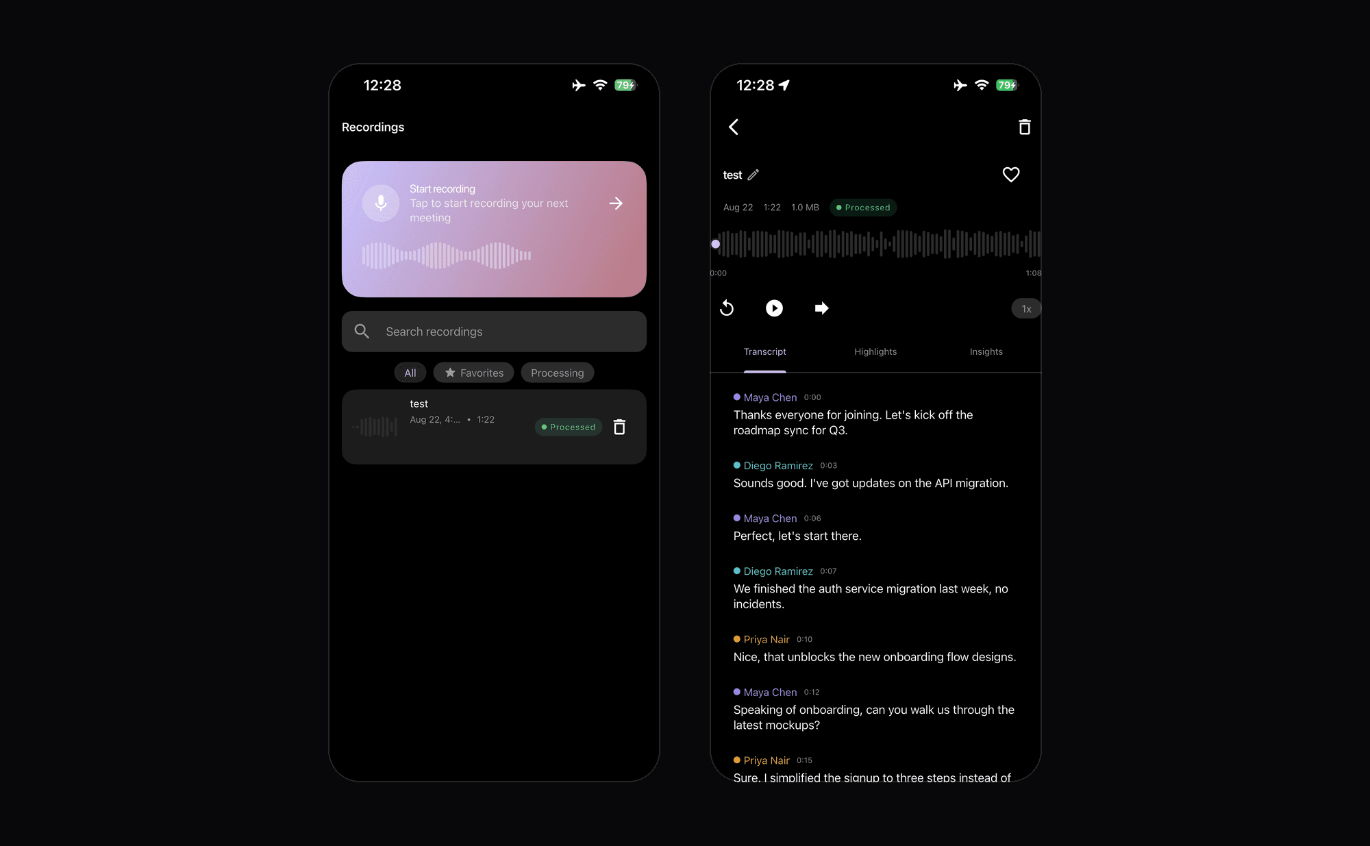Botista Notes on iOS: a recordings list with a start-recording card and processing state, beside a recording opened to its waveform, transport controls and a speaker-attributed transcript under Transcript, Highlights and Insights tabs.