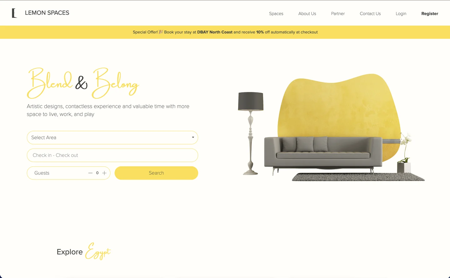 The Lemon Spaces home page: an area, date and guest search over the line “Blend & Belong”.
