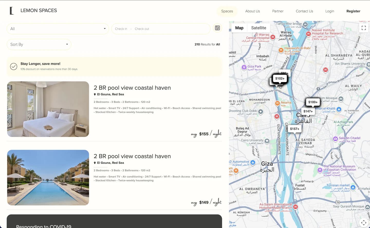 Lemon Spaces search results: filtered stays with nightly rates beside a map of Cairo carrying price pins.
