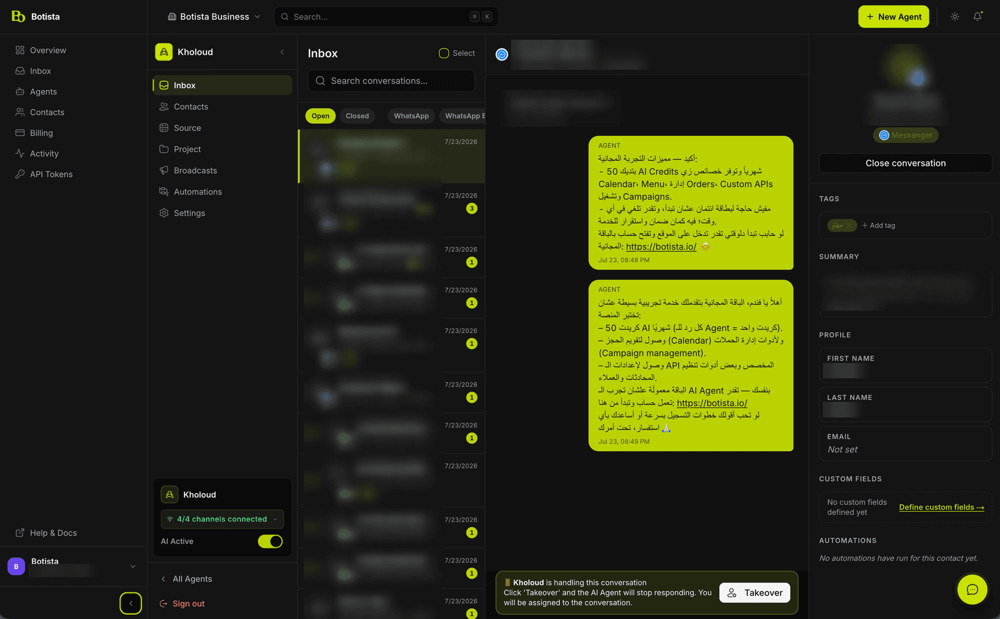 The Botista inbox: a channel-filtered conversation list, a threaded Messenger conversation with the AI agent's replies, and a contact panel showing tags, an AI summary, profile fields and automations.