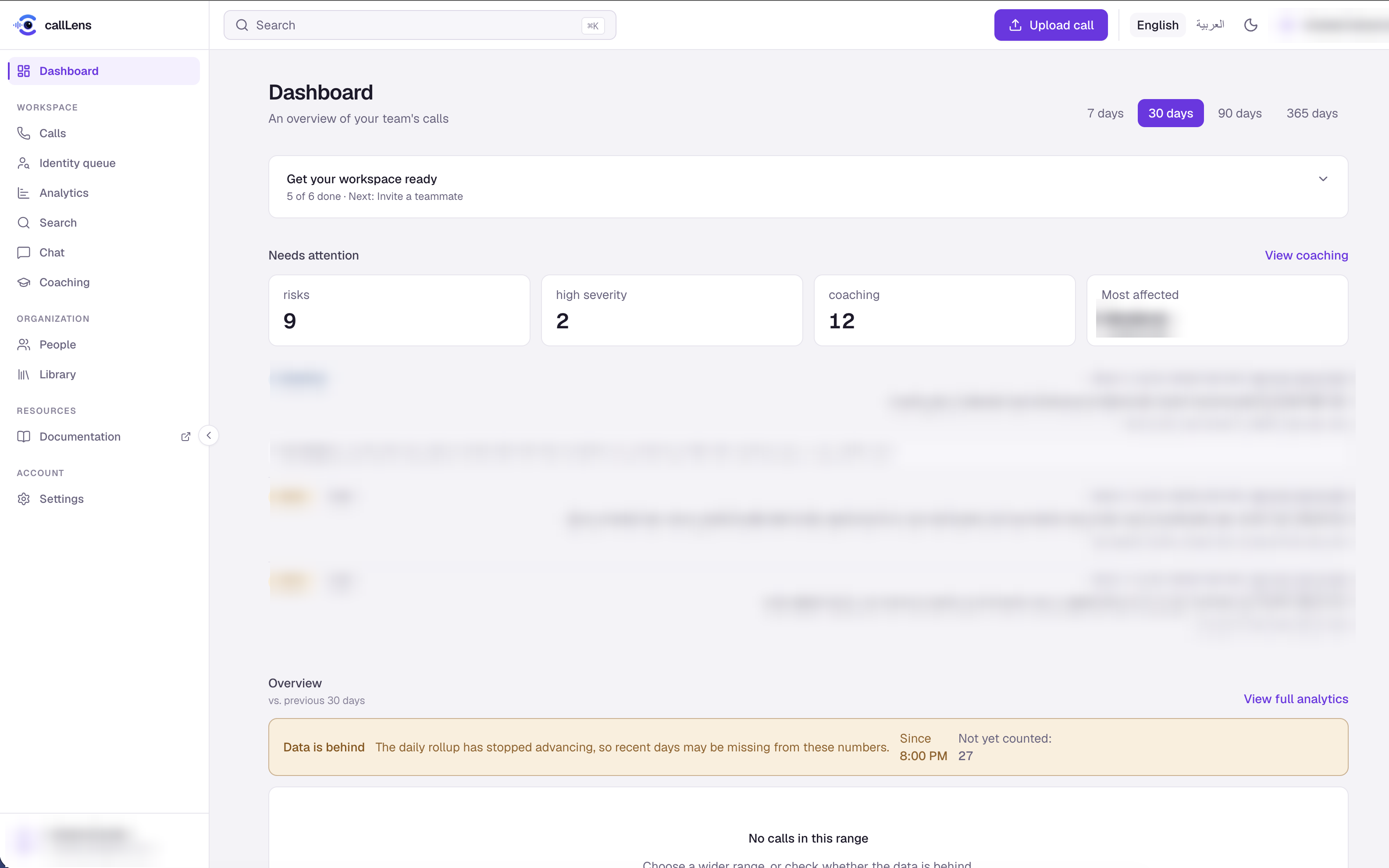 The CallLens dashboard: a needs-attention row counting risks, high-severity calls and coaching moments, above a list of flagged coaching entries.