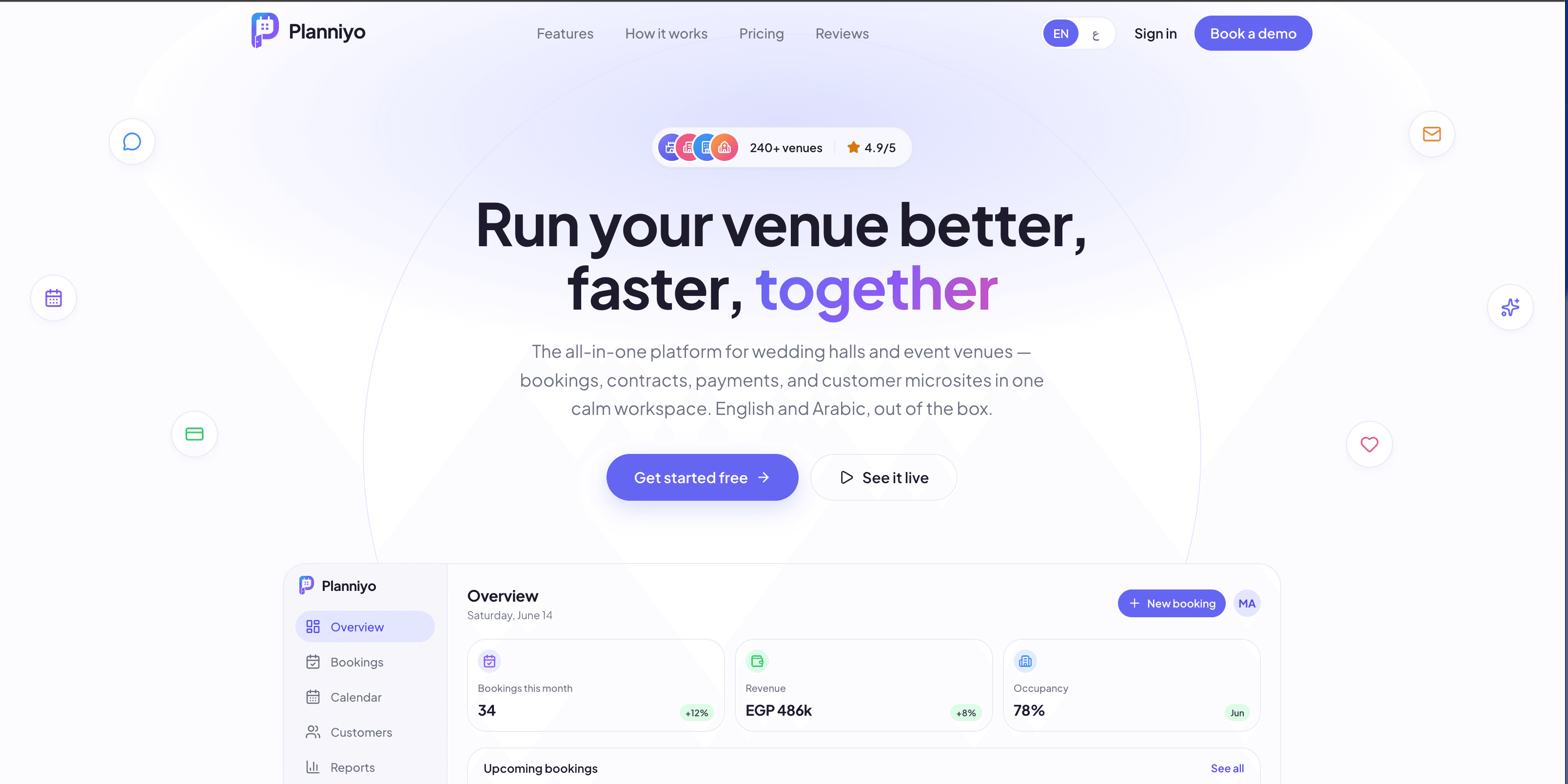 The Planniyo marketing site: the line “Run your venue better, faster, together” over the product's overview screen showing bookings, revenue and occupancy.